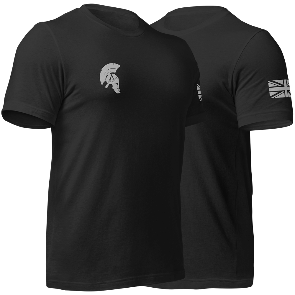 Front right and left view of Black short sleeve unisex fit original cotton T-Shirt by Achilles Tactical Clothing Brand printed with Tactical Medic II design across back