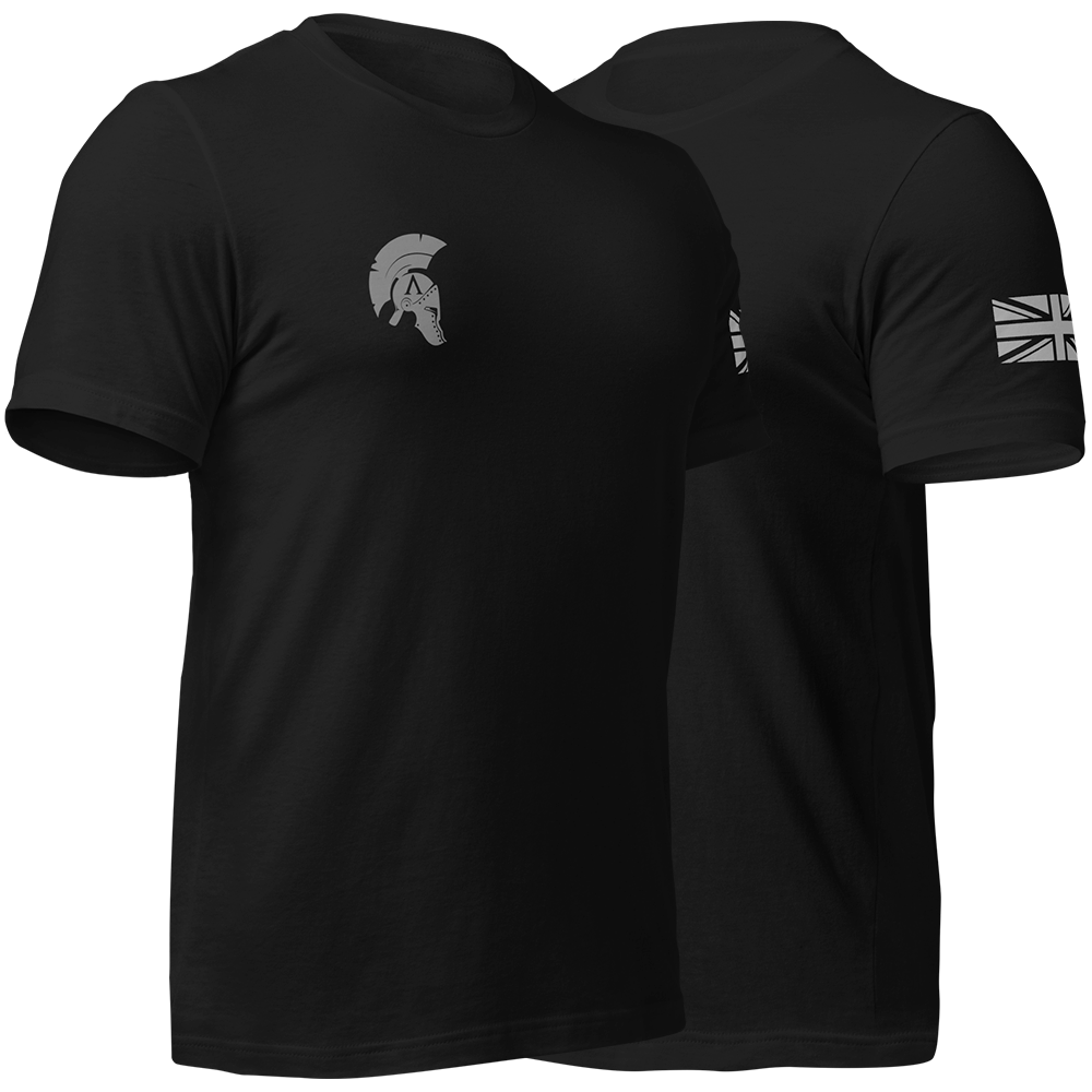 Front right and left view of Black short sleeve unisex fit original cotton T-Shirt by Achilles Tactical Clothing Brand printed with This flag we defend design across back