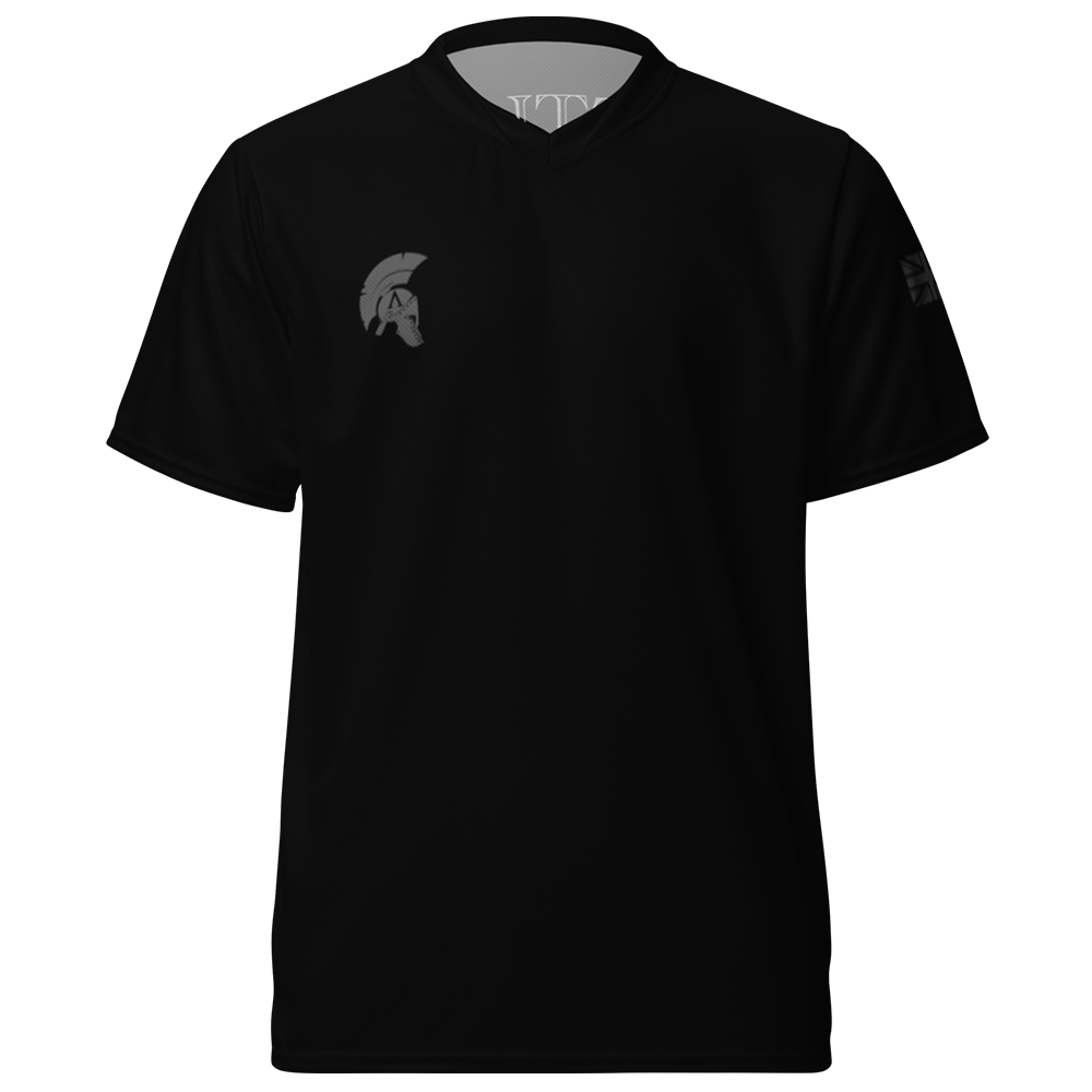 Front view of black short sleeve unisex fit Performance Physical training  PT Jersey by Achilles Tactical Clothing Brand with Tactical Medic Design across back