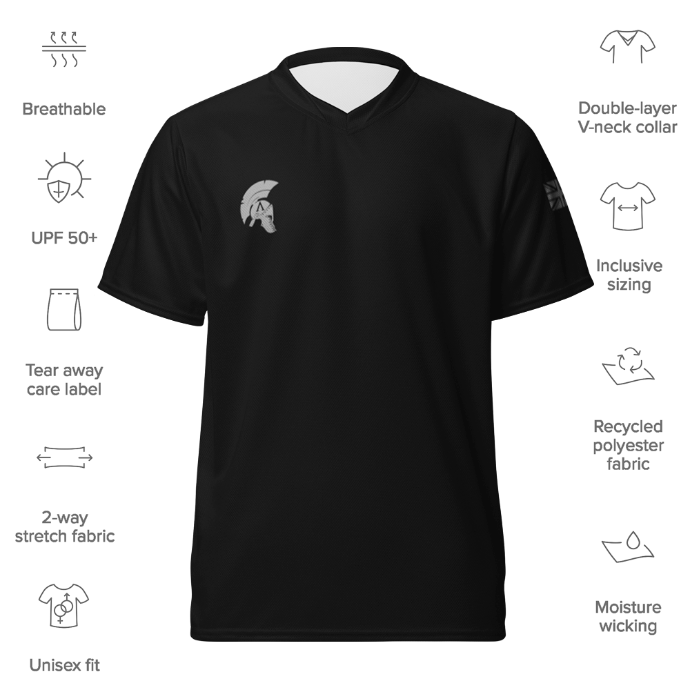 Front view of black short sleeve unisex fit Performance Physical training  PT Jersey by Achilles Tactical Clothing Brand with details