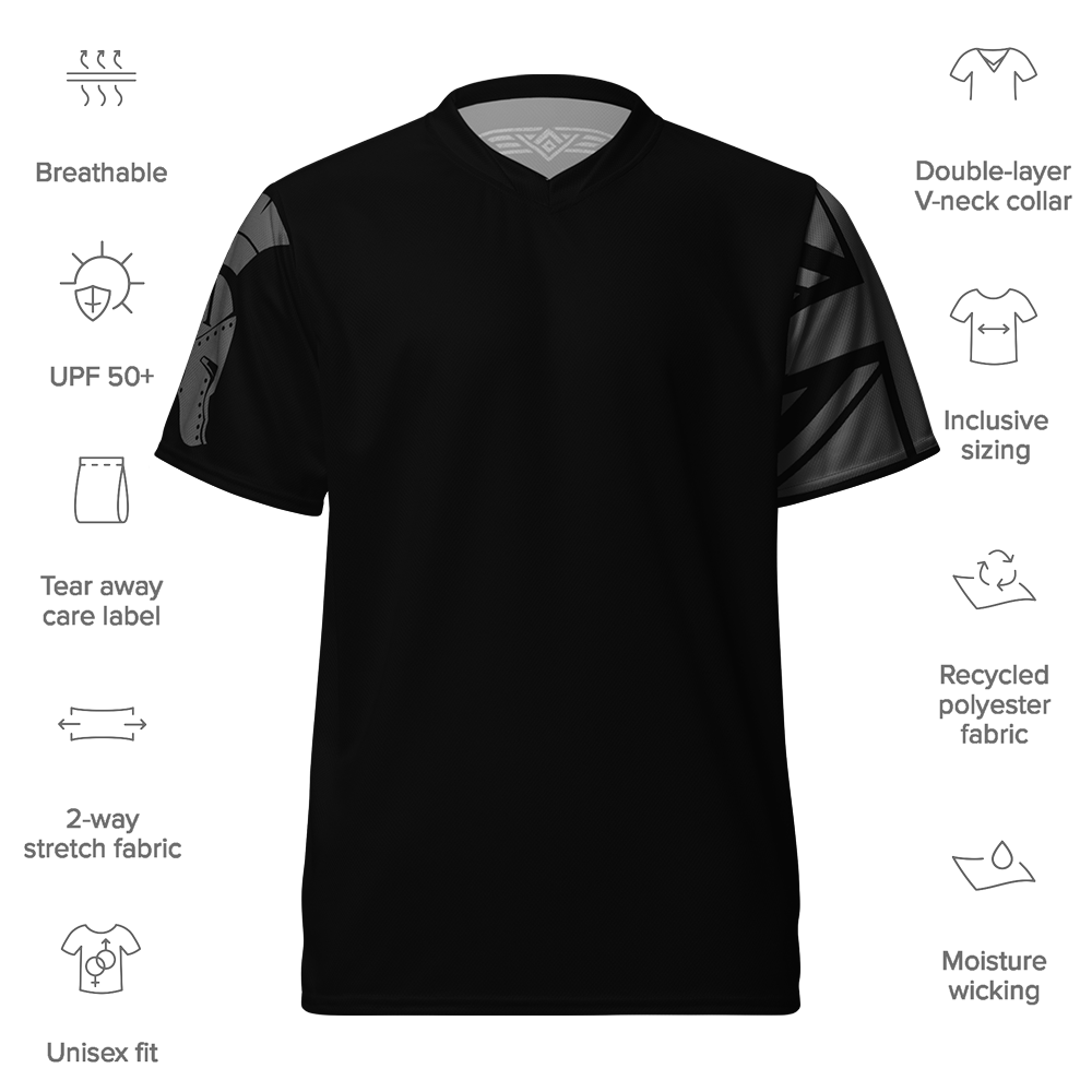 Front view of black short sleeve unisex fit Performance Physical training  PT Jersey by Achilles Tactical Clothing Brand with Si Vis Pacem quote Design across back with details