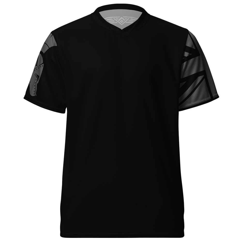 Front view of black short sleeve unisex fit Performance Physical training  PT Jersey by Achilles Tactical Clothing Brand with Si Vis Pacem quote Design across back