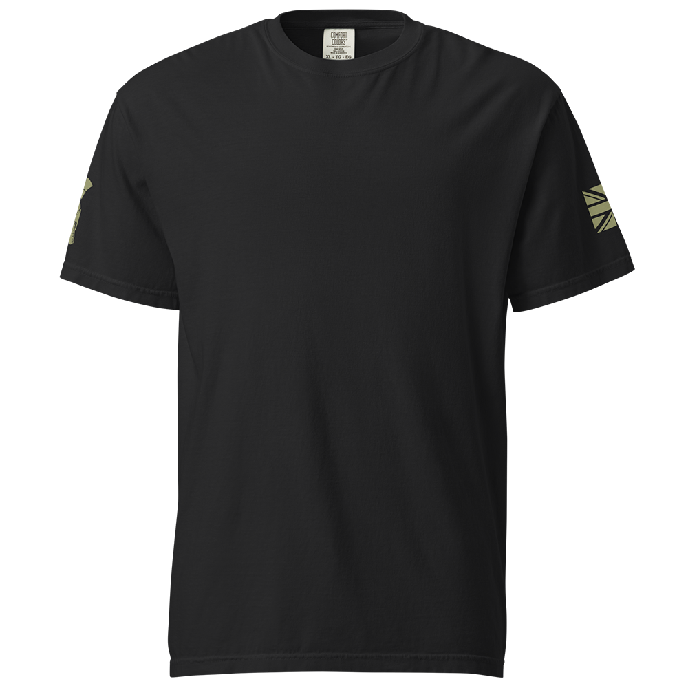 Front view of Black short sleeve unisex fit classic cotton T-Shirt by Achilles Tactical Clothing Brand printed with Large Game over man design across back