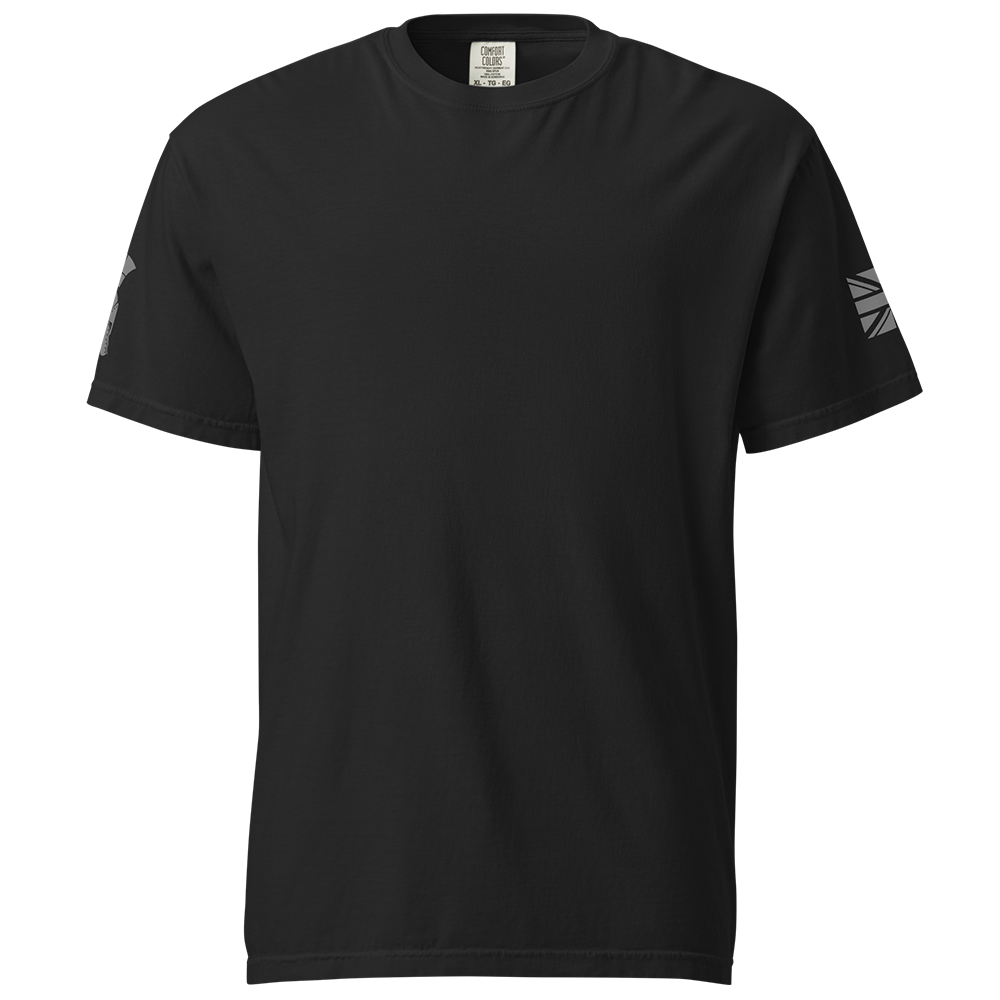 Front view of Black short sleeve unisex fit classic cotton T-Shirt by Achilles Tactical Clothing Brand printed with Large Heavy is the head design across back