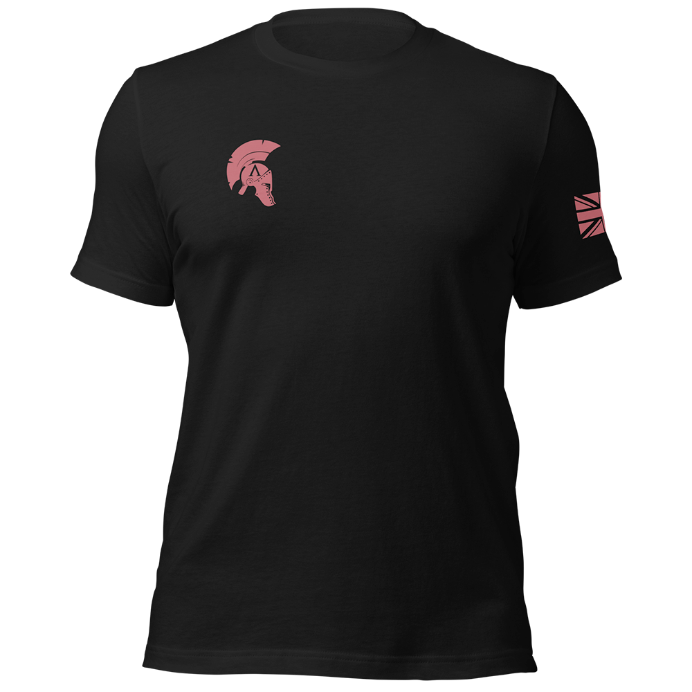 Front view of Black short sleeve unisex fit original cotton T-Shirt by Achilles Tactical Clothing Brand printed with Parachute regiment airborne design across back