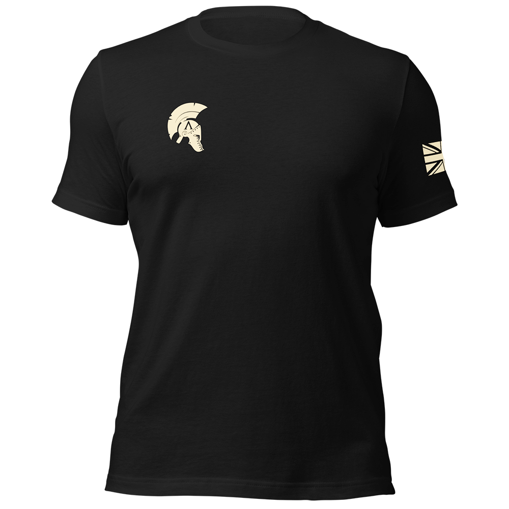 Front view of Black short sleeve unisex fit original cotton T-Shirt by Achilles Tactical Clothing Brand printed with Small Arms Specialist design across back
