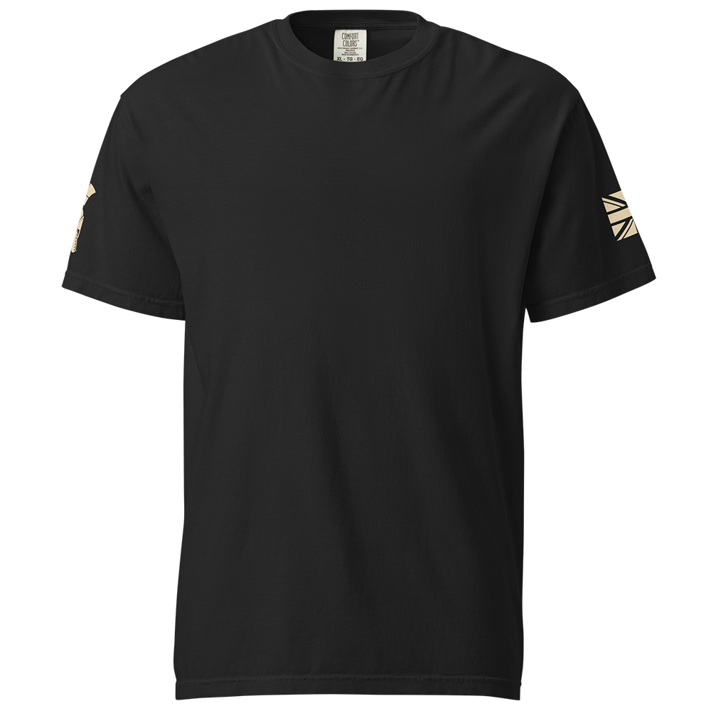 Front view of Black short sleeve unisex fit classic cotton T-Shirt by Achilles Tactical Clothing Brand printed with Large Small Arms Specialist design across back