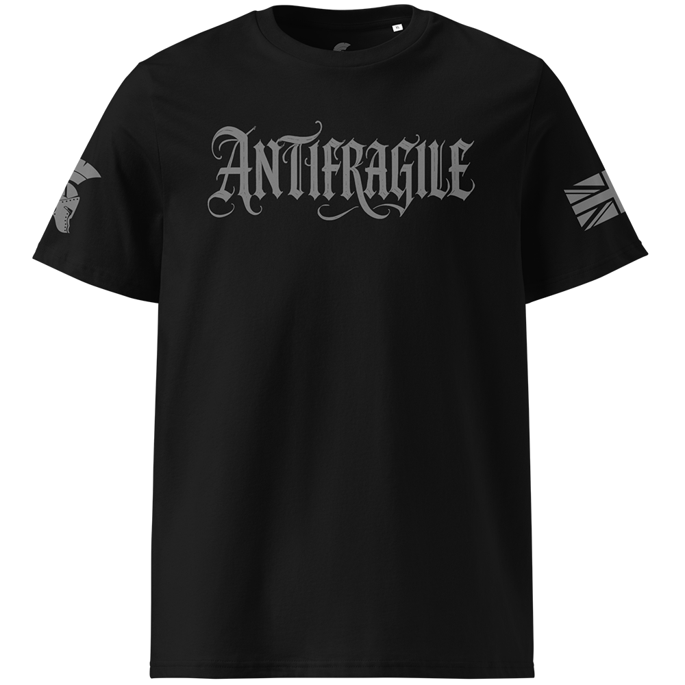 Black t-shirt with 'ANTIFRAGILE' text on a white background
