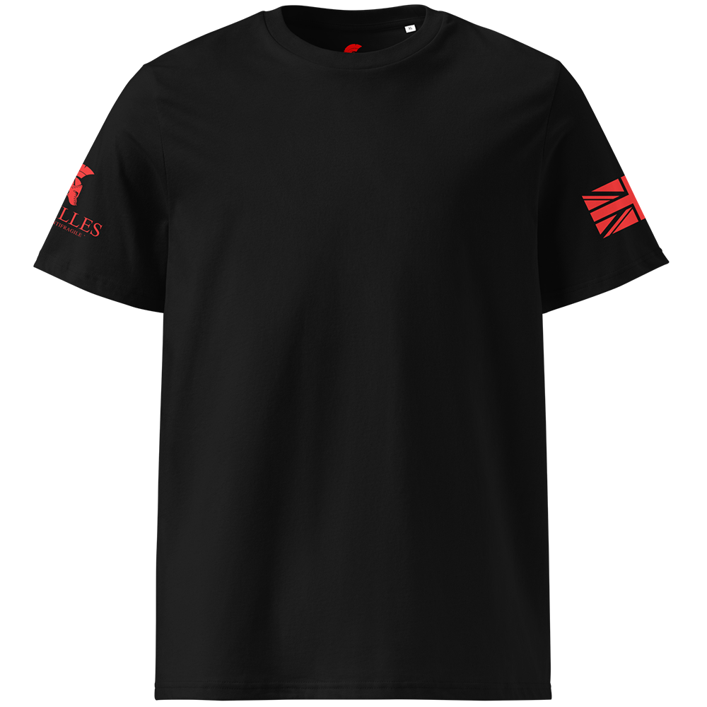Black t-shirt with red logos on sleeves against a white background