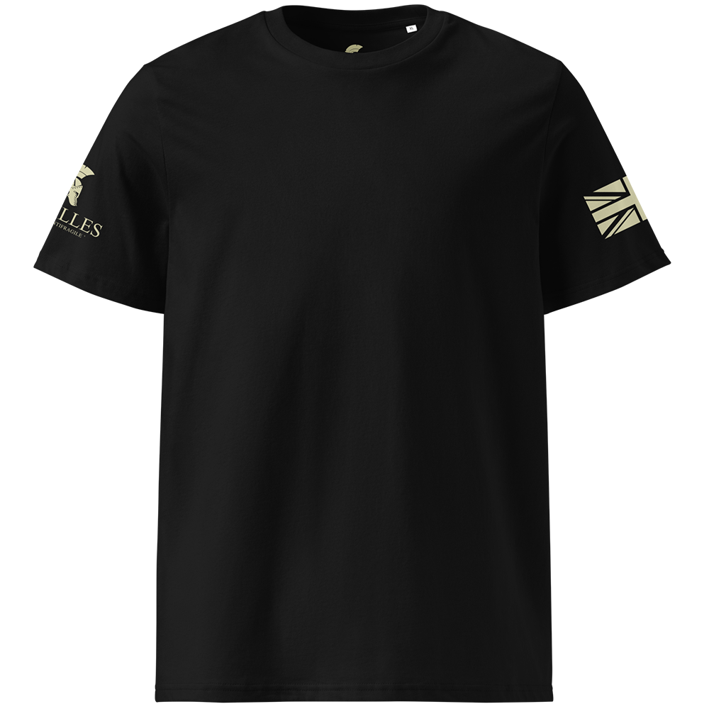 Black t-shirt with logos on the sleeves against a white background