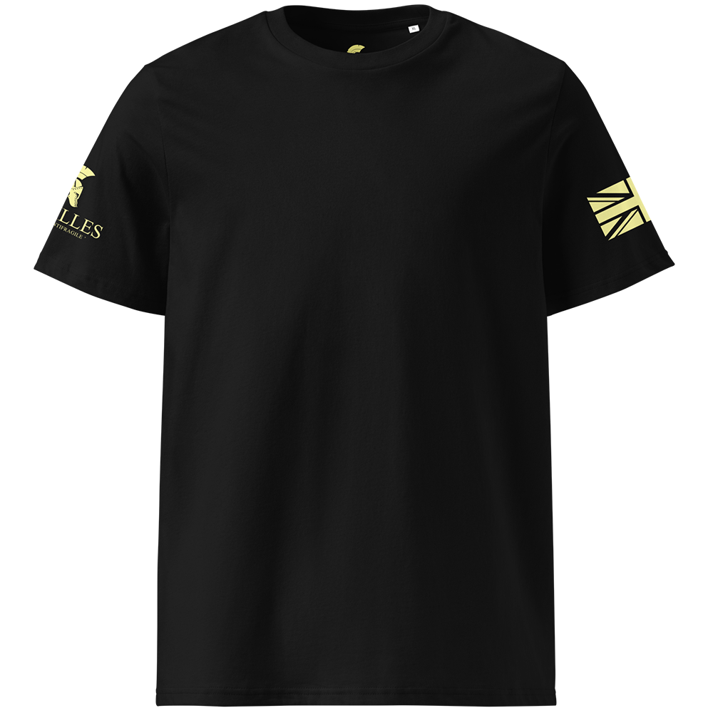 Black t-shirt with yellow logos on sleeves against a white background
