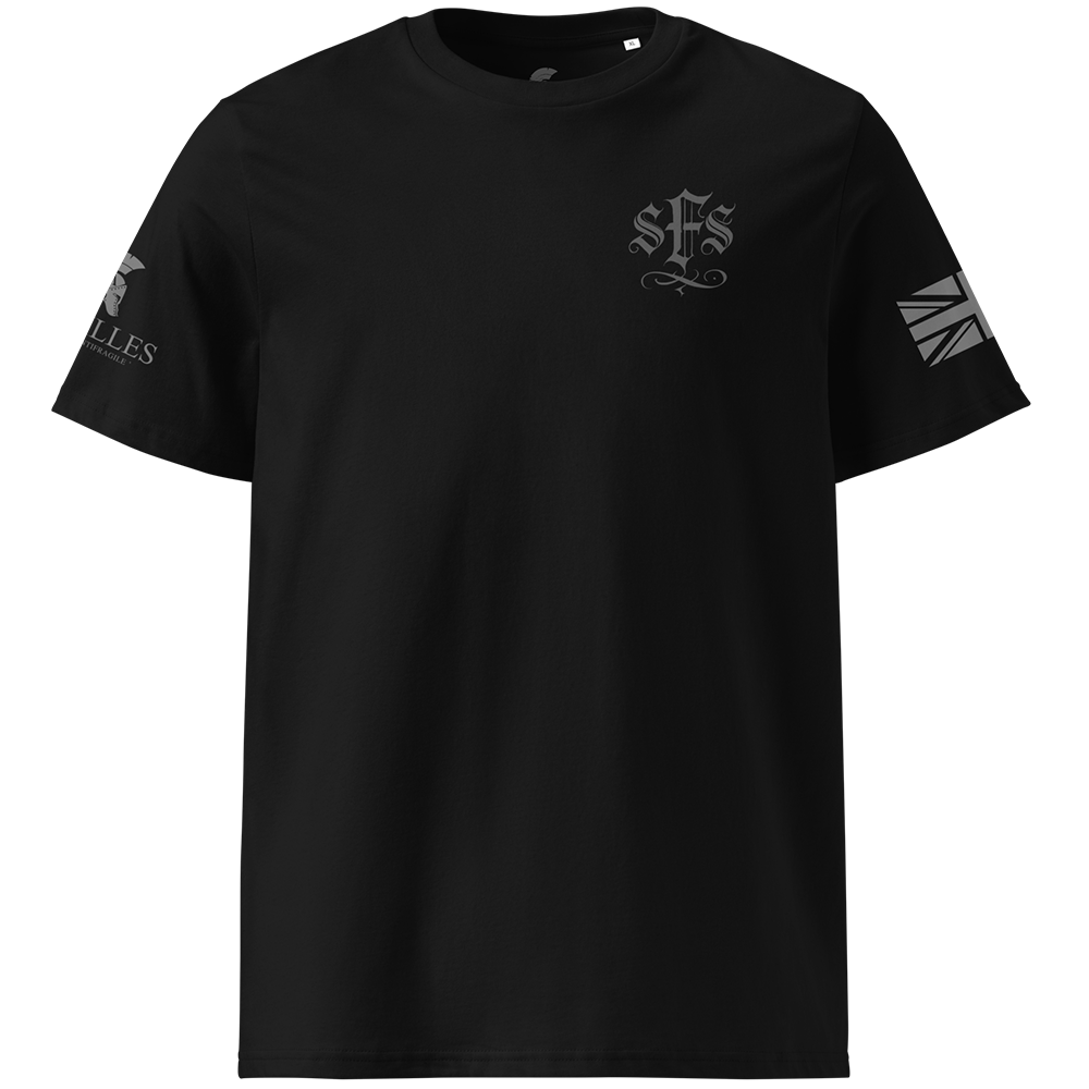Black t-shirt with SFS design on chest and logos on sleeves against a white background