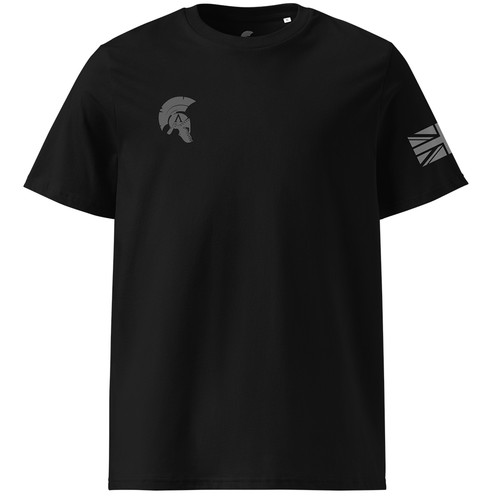 Black t-shirt with logos on a white background