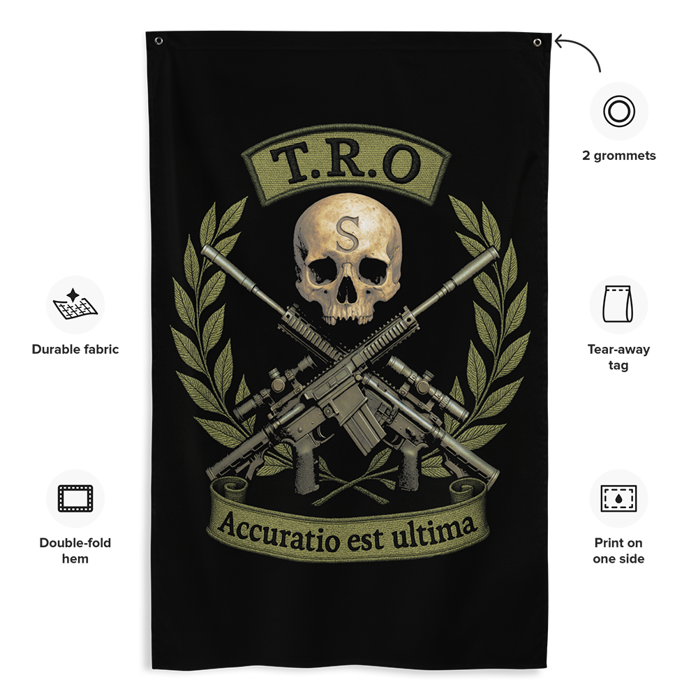 Front view of all over print vertical banner flag from Achilles Tactical Clothing Brand with TRO Accuratio est Ultima design with details
