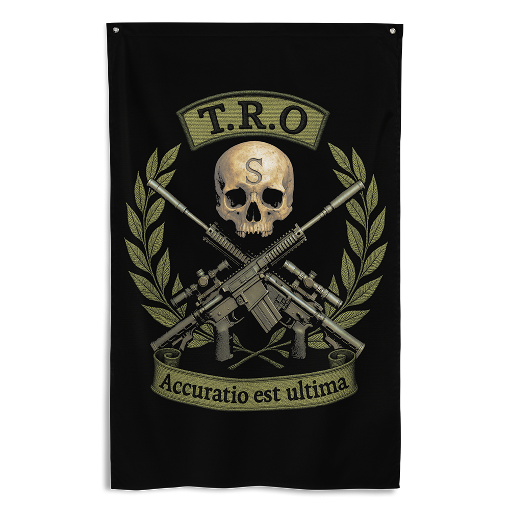 Front view of all over print vertical banner flag from Achilles Tactical Clothing Brand with TRO Accuratio est Ultima design