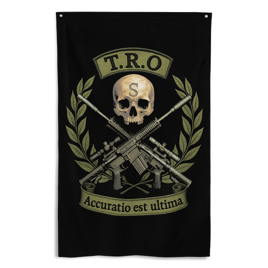 Front view of all over print vertical banner flag from Achilles Tactical Clothing Brand with TRO Accuratio est Ultima design