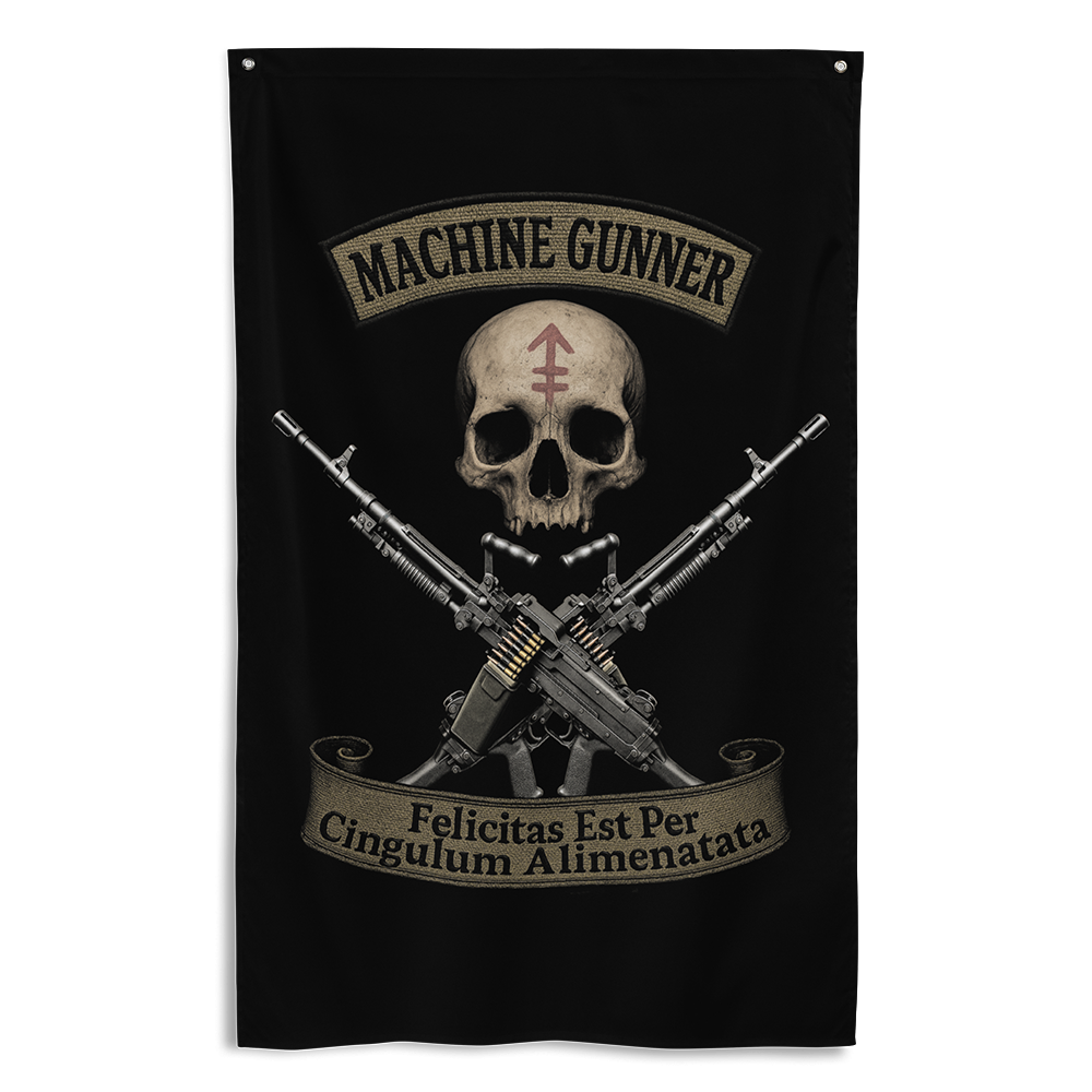 Front view of all over print vertical banner flag from Achilles Tactical Clothing Brand with Machine Gunner design