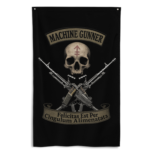 Front view of all over print vertical banner flag from Achilles Tactical Clothing Brand with Machine Gunner design