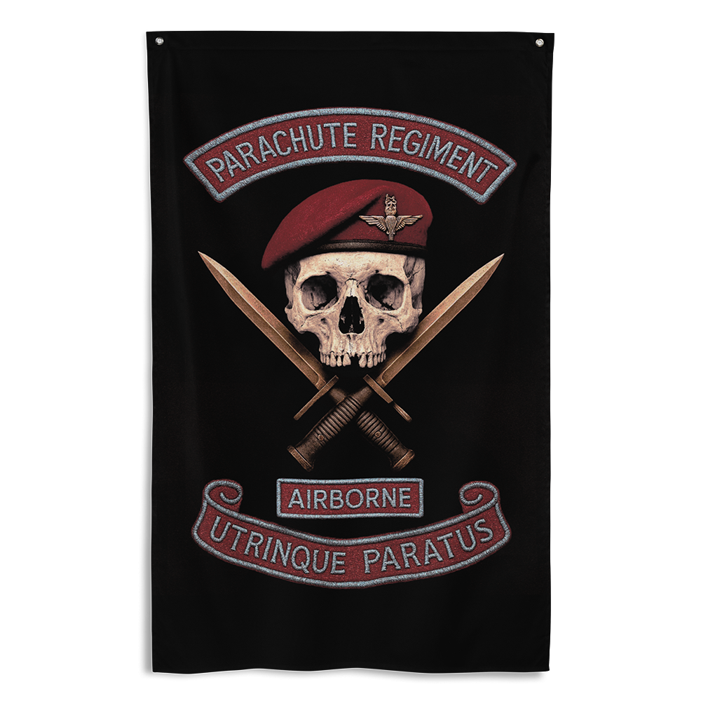 Front view of all over print vertical banner flag from Achilles Tactical Clothing Brand with Parachute Regiment Airborne design