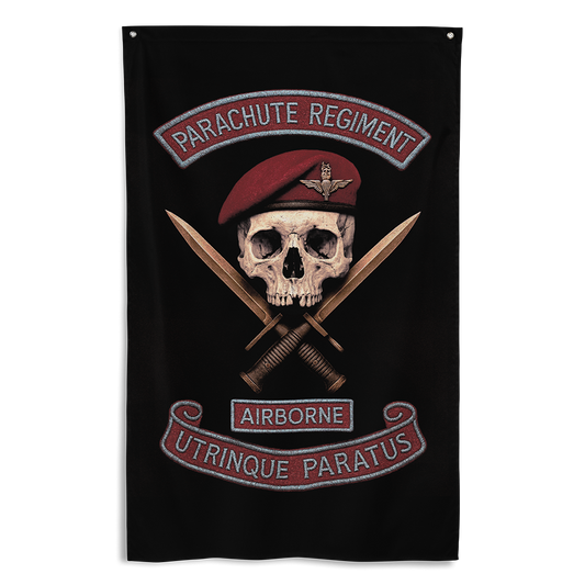 Front view of all over print vertical banner flag from Achilles Tactical Clothing Brand with Parachute Regiment Airborne design