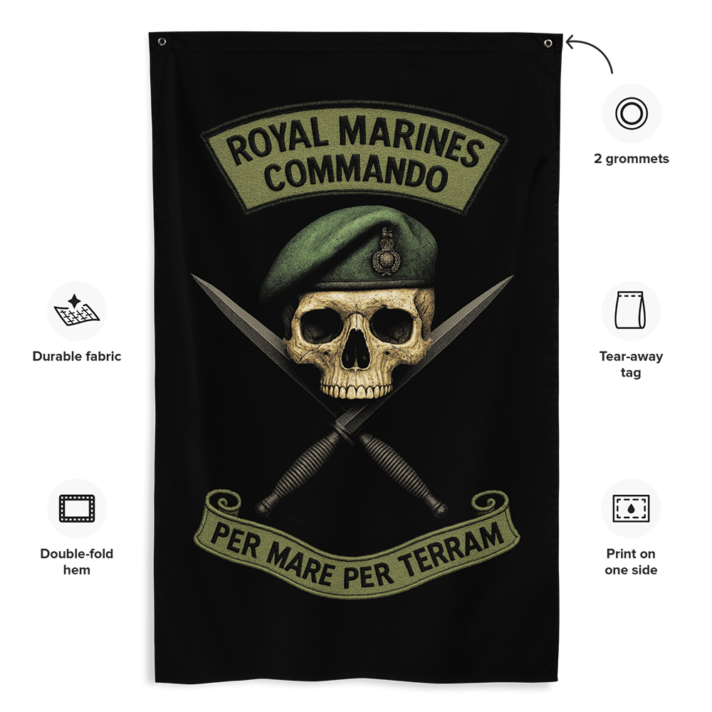 Front view of all over print vertical banner flag from Achilles Tactical Clothing Brand with Royal Marines Commando design with details