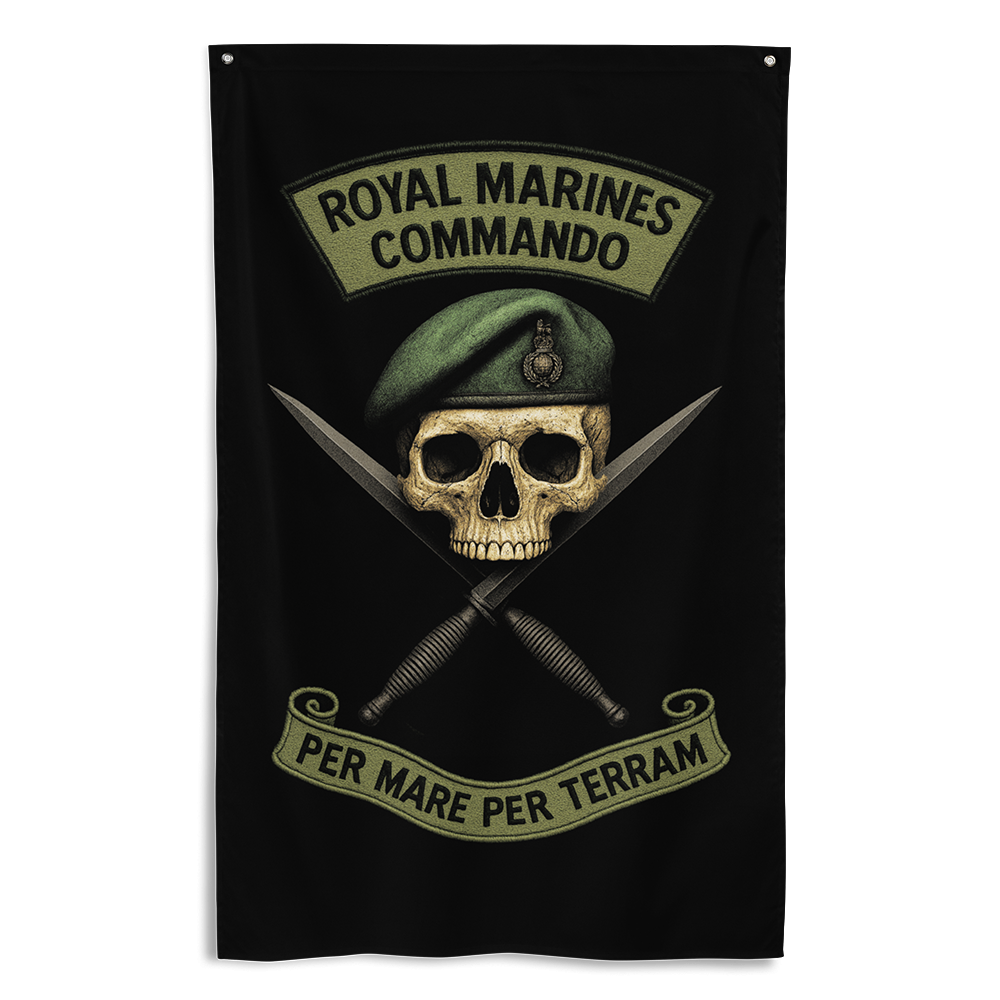 Front view of all over print vertical banner flag from Achilles Tactical Clothing Brand with Royal Marines Commando design