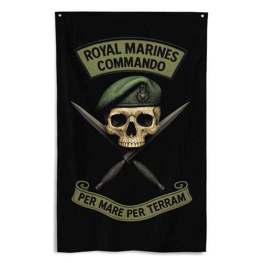 Front view of all over print vertical banner flag from Achilles Tactical Clothing Brand with Royal Marines Commando design