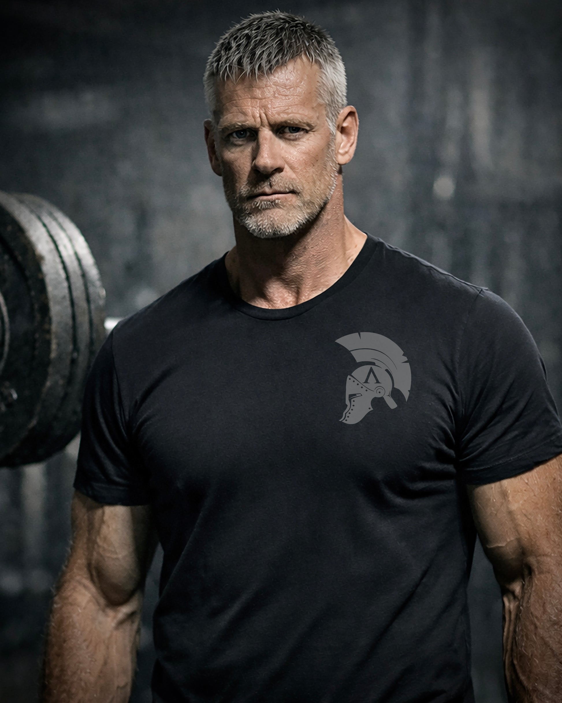 Front view of man wearing black Achilles T-shirt printed with Achilles helmet design on chest