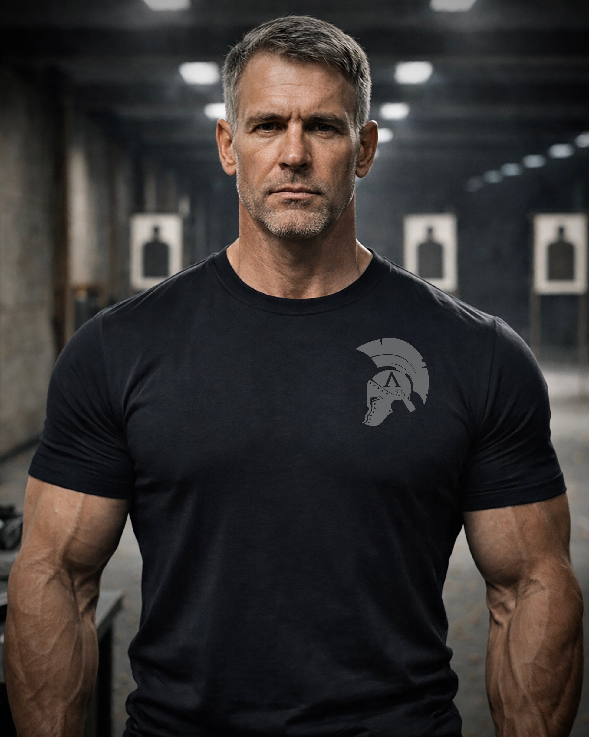 Front view of man wearing black Achilles T-shirt printed with original achilles Spartan helmet on chest