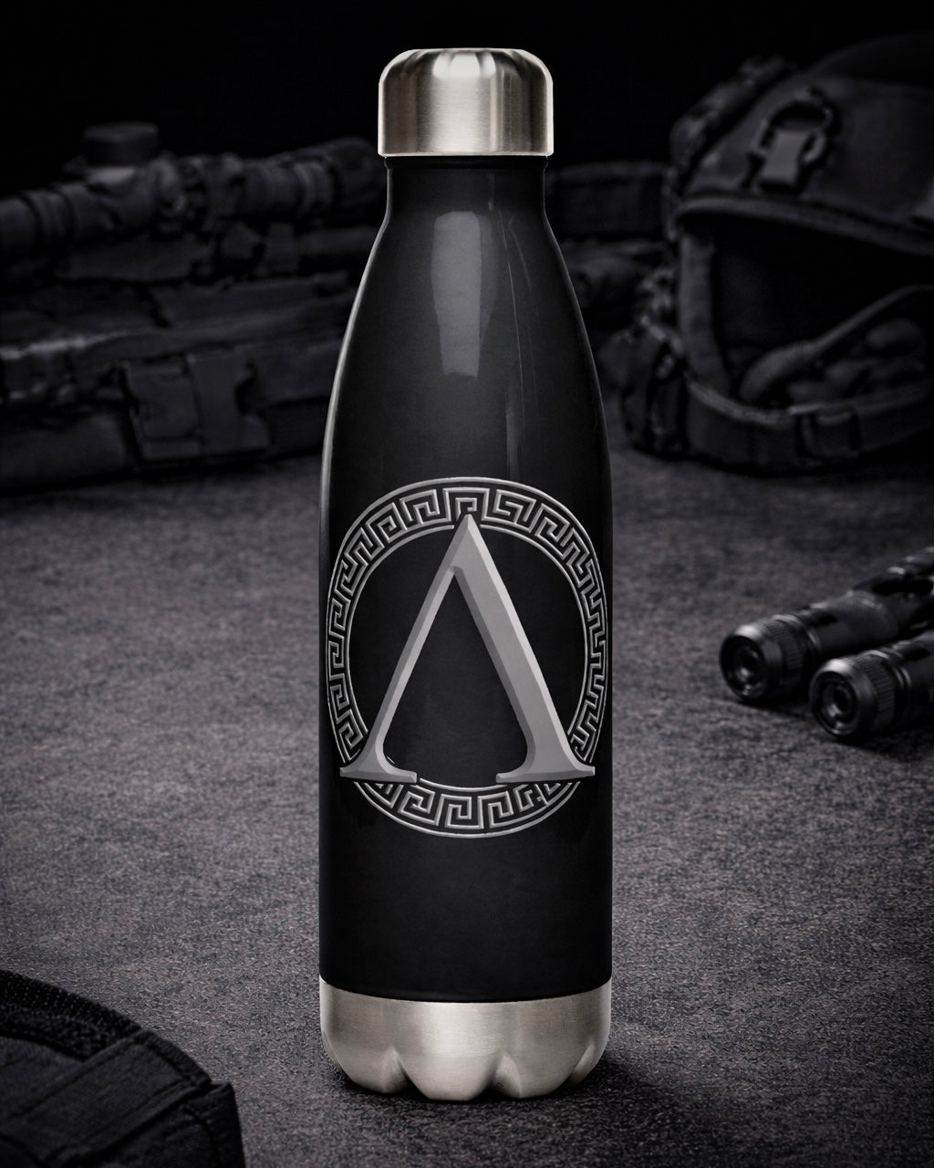 Front of Achilles stainless steel black INSIGNIA design logo bottle.jpg