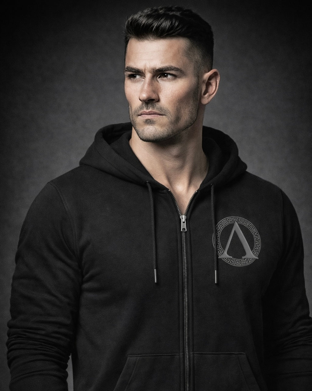 Front of man wearing black Achilles Insignia zipper hoodie