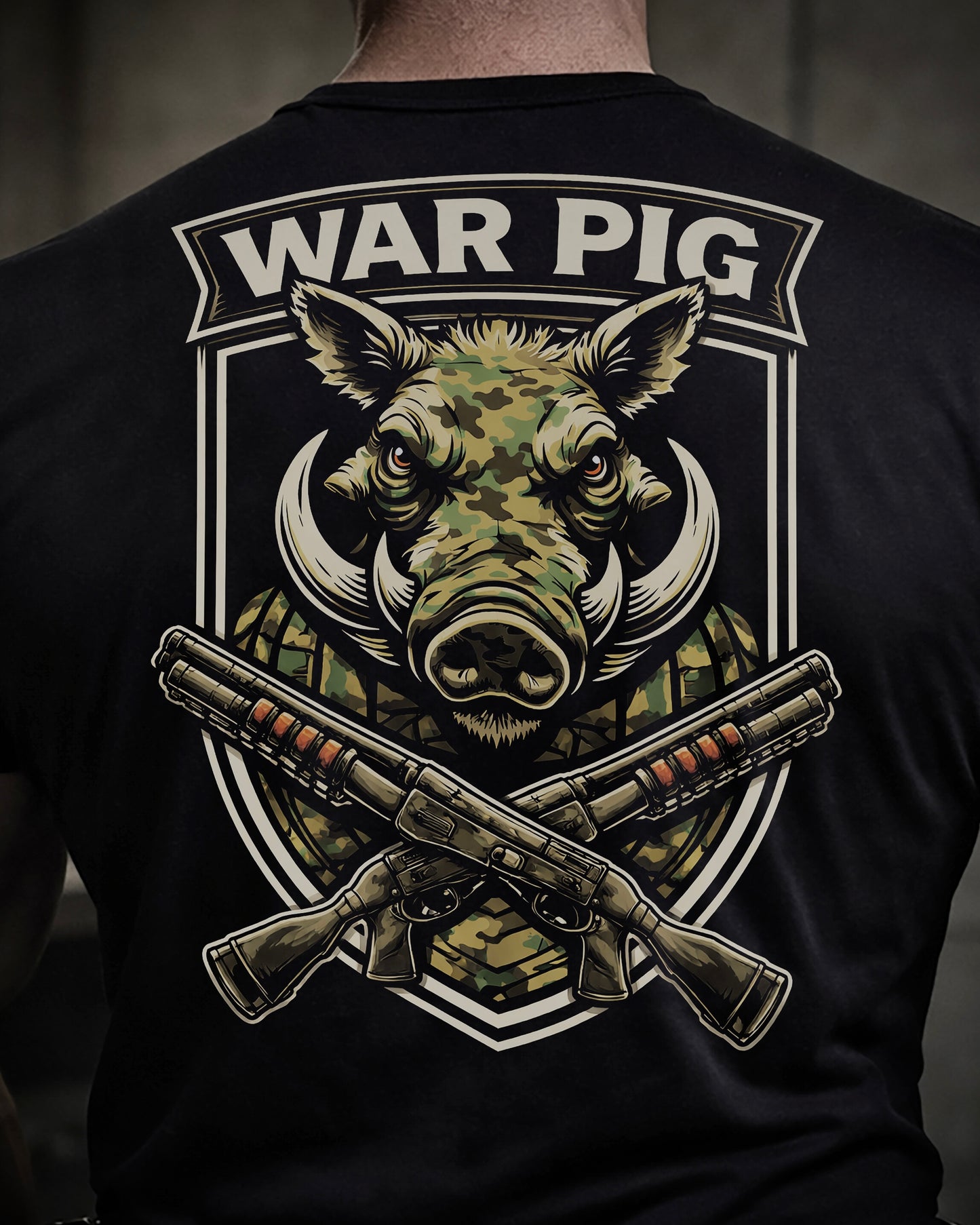 Close up of back view of man wearing black Achilles T-shirt printed with Large War Pig logo on back