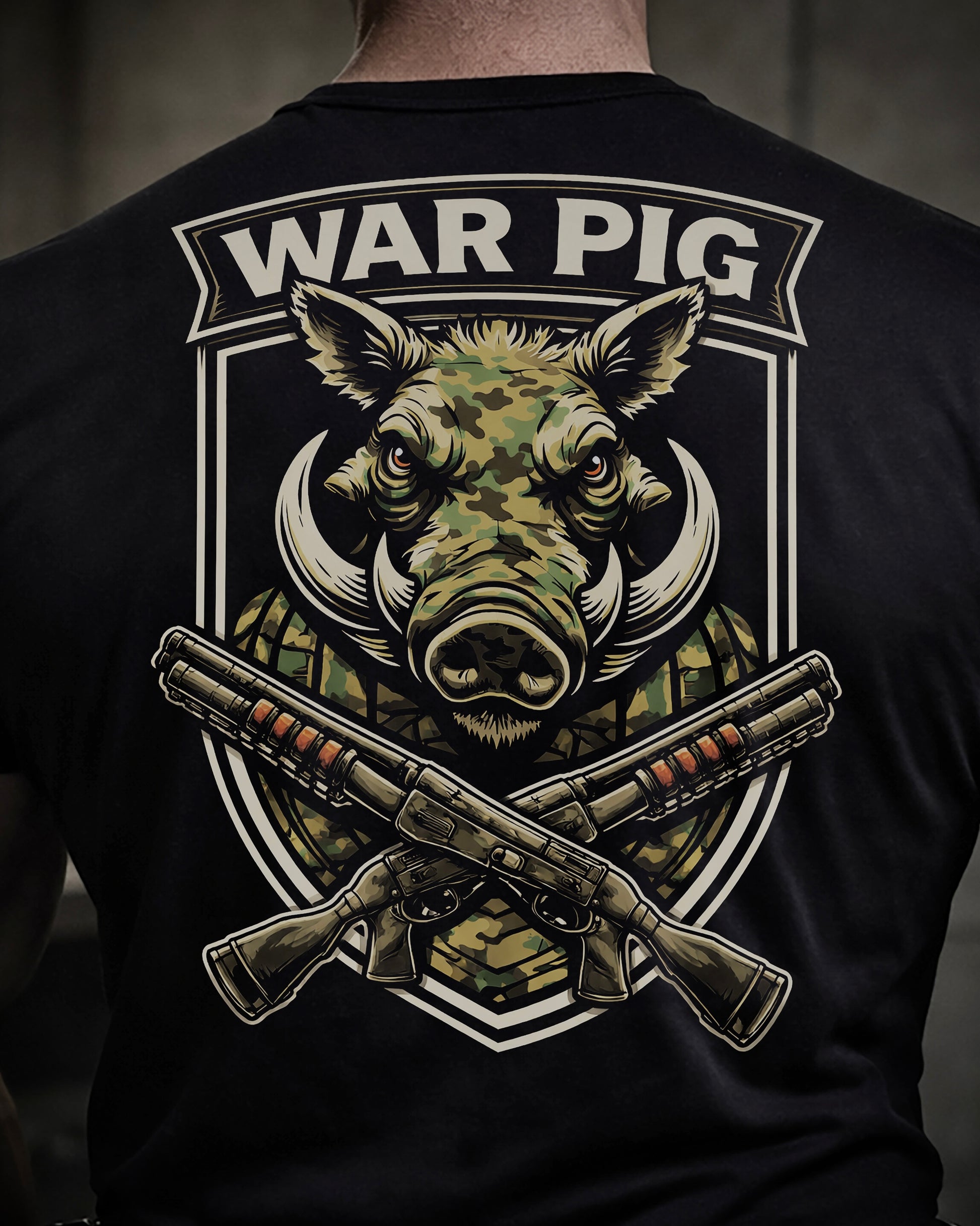 Close up of back view of man wearing black Achilles T-shirt printed with Large War Pig logo on back