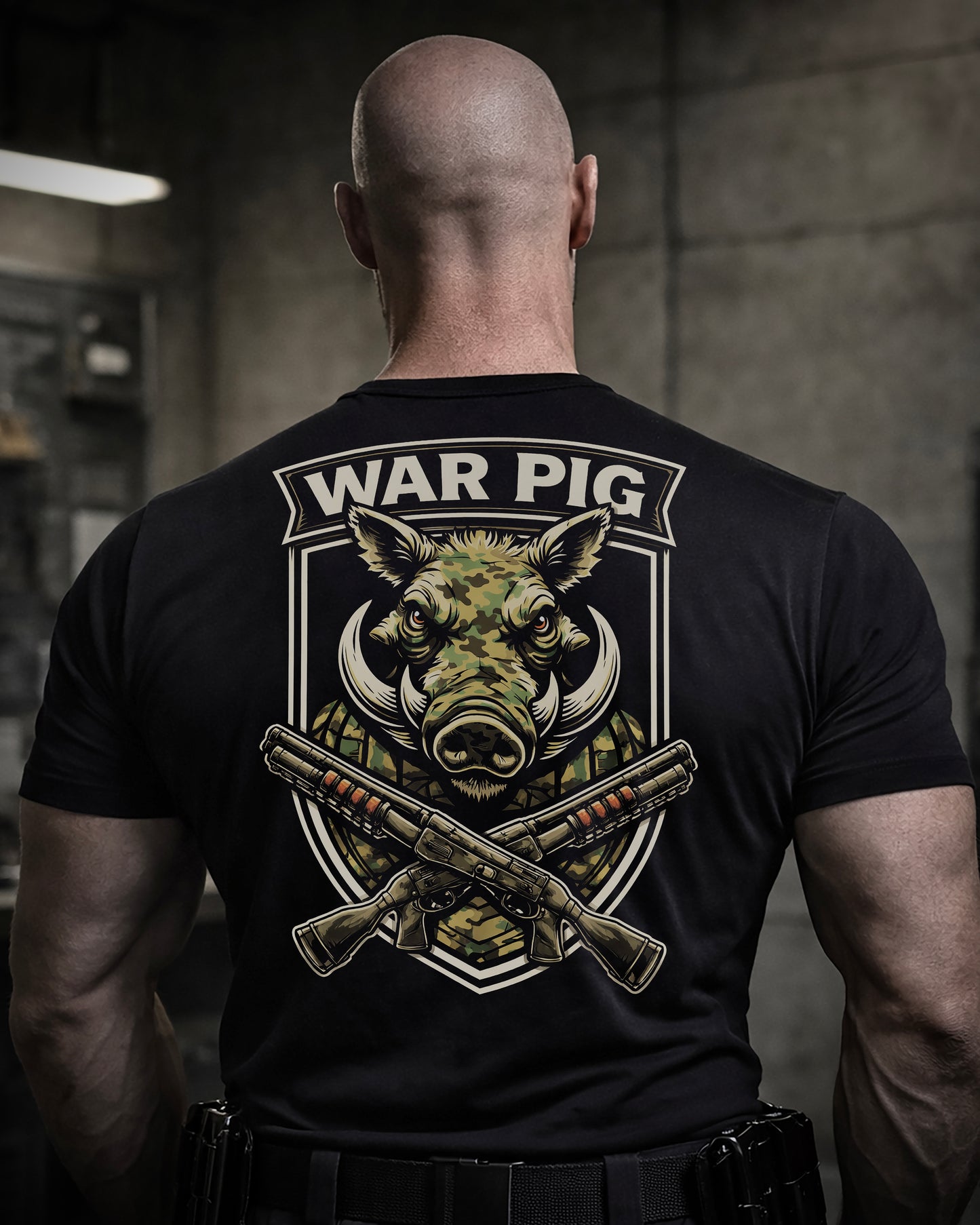 Back view of man wearing black Achilles T-shirt printed with Large War Pig logo on back
