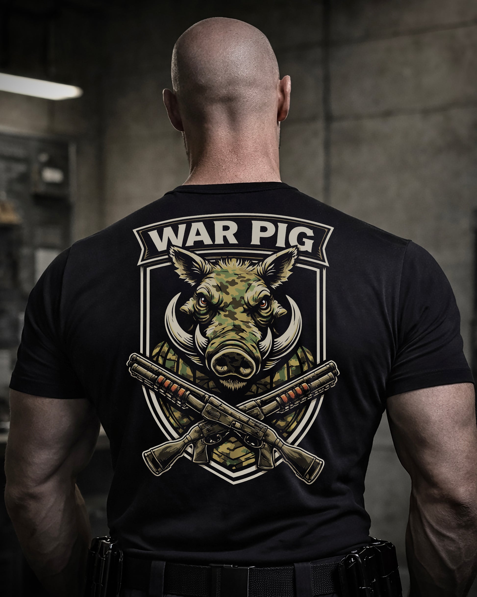 Back view of man wearing black Achilles T-shirt printed with Large War Pig logo on back
