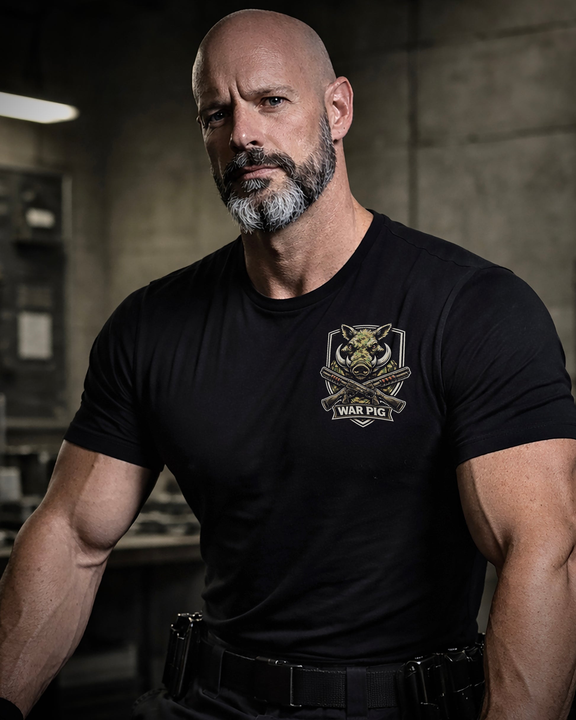 Front view of man wearing black Achilles T-shirt printed with War Pig logo on front chest