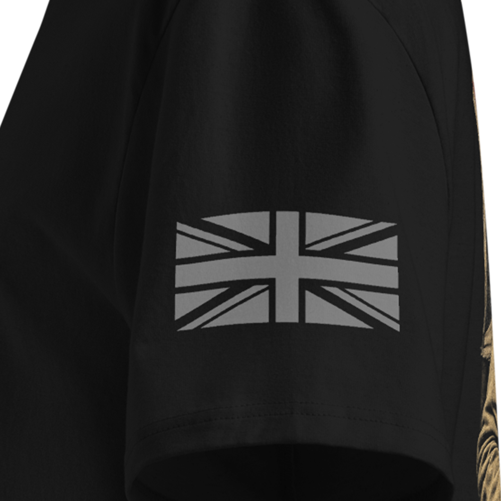 Black T-Shirt sleeve with a Union Jack design on the chest against a white background