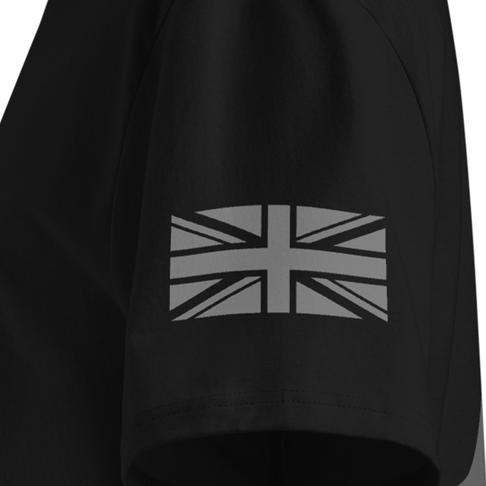 Black T-shirt sleeve with a Union Jack design on the chest against a white background