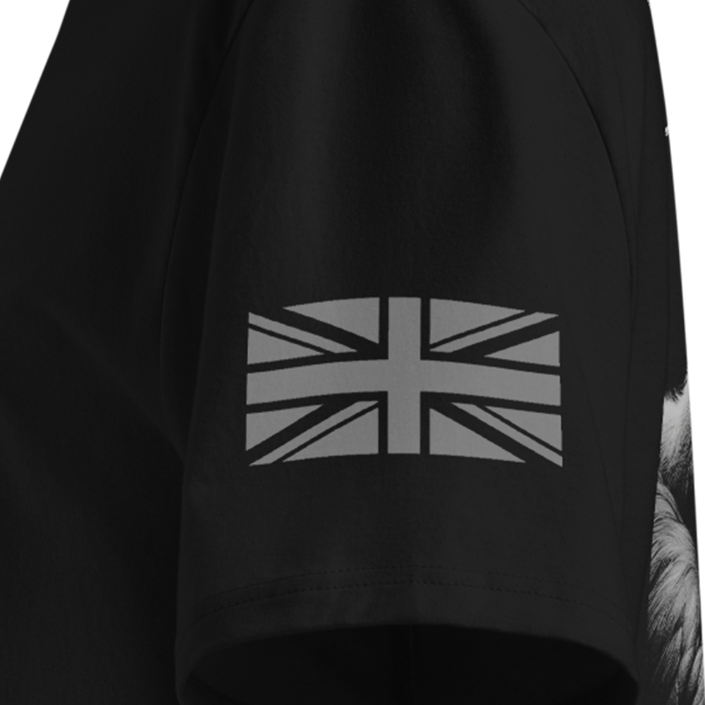 Black T-shirt with a Union Jack design on the sleeve against a white background
