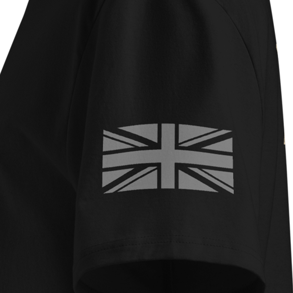 Black T-Shirt sleeve with a Union Jack design on the sleeve against a white background
