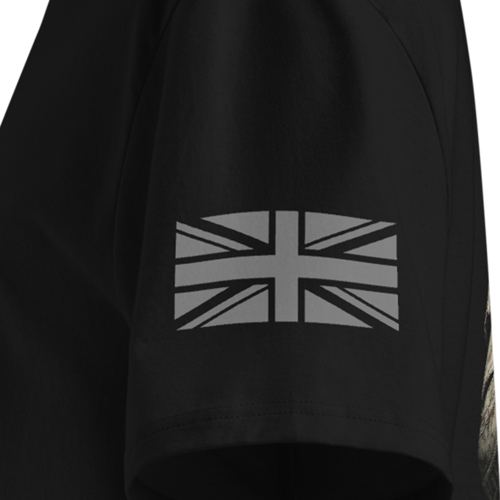 Black T-shirt sleeve with a Union Jack design on the sleeve against a white background