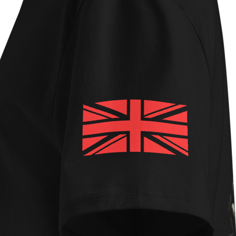 Black T-shirt with a red and black Union Jack design on the left sleeve.