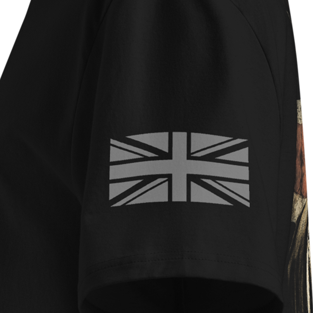 Black T-shirt sleeve with a Union Jack design on the sleeve against a white background