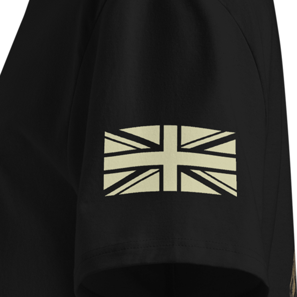 Black T-shirt sleeve with a Union Jack design on the sleeve against a white background