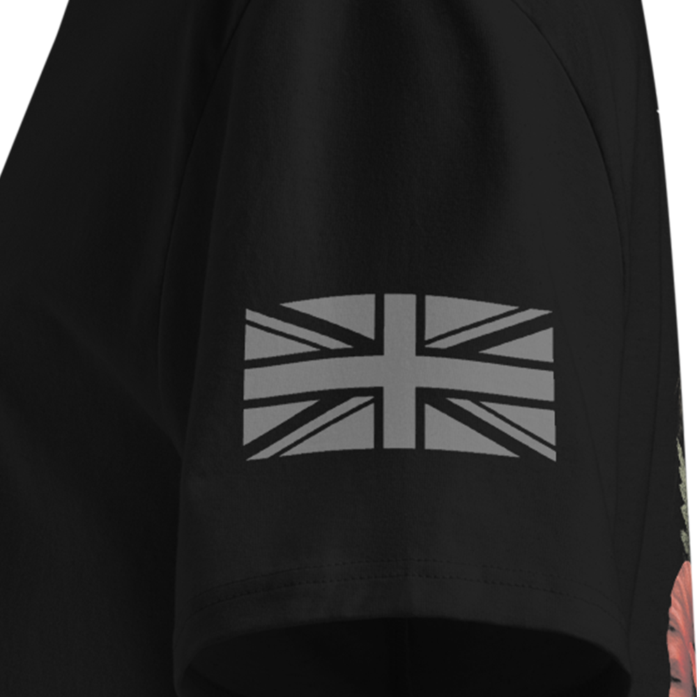 Black T-Shirt sleeve with a Union Jack design on the sleeve against a white background