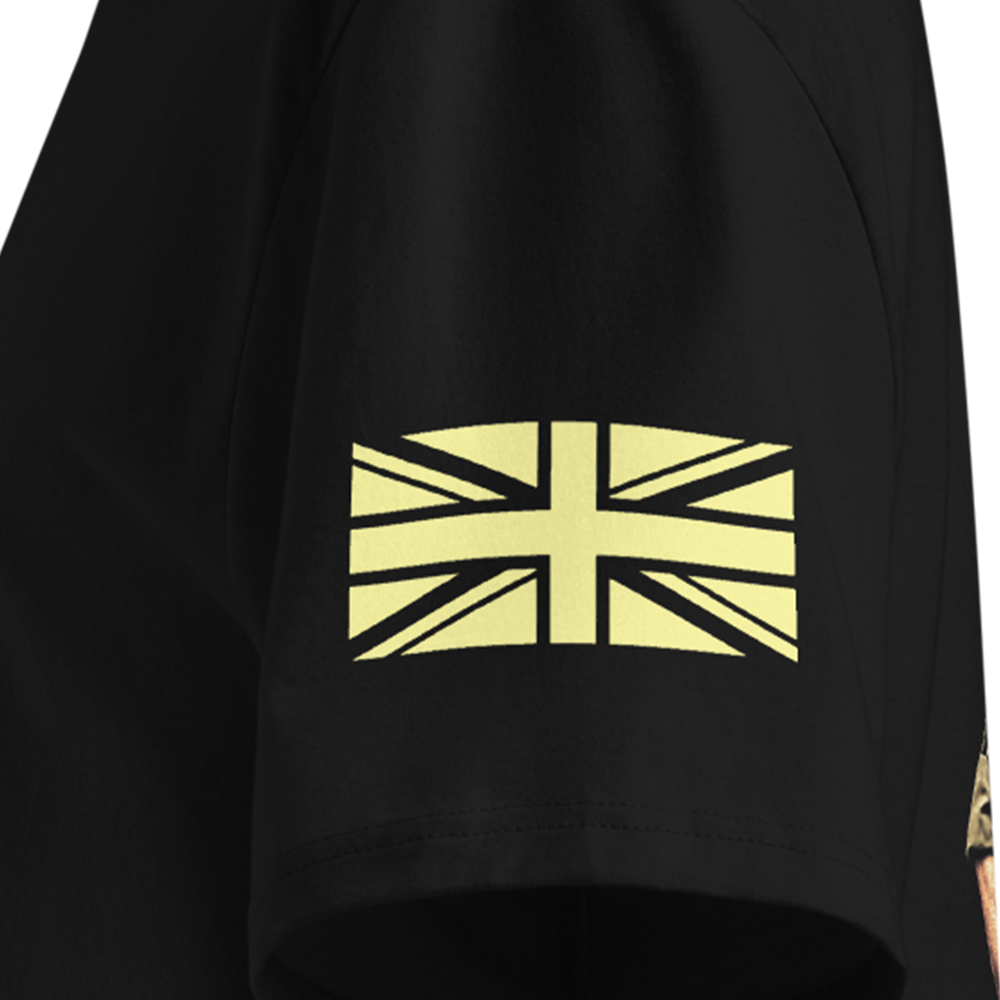 Black T-shirt sleeve with a yellow Union Jack design on the chest against a white background