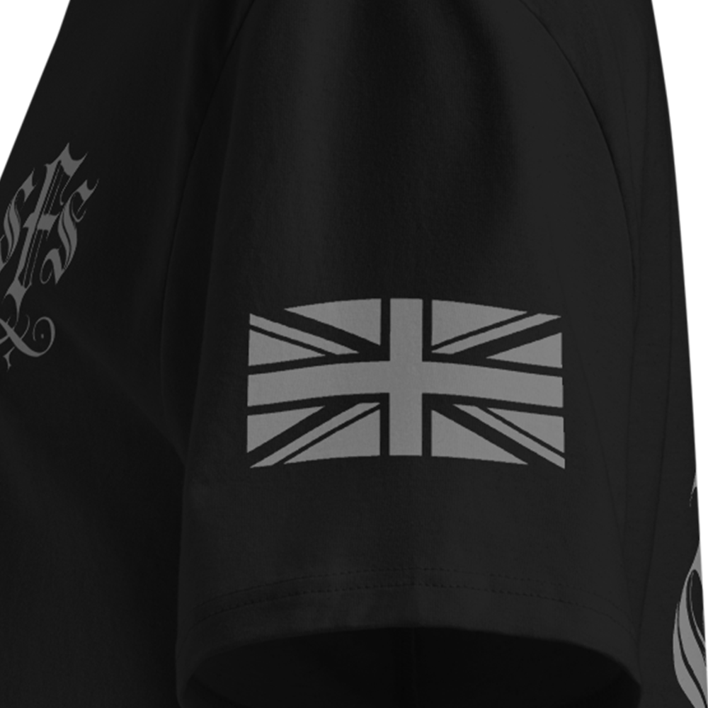 Black T-shirt sleeve with a Union Jack design on a white background