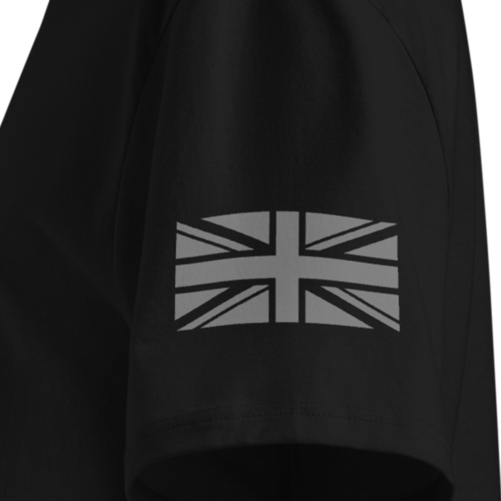 Black T-Shirt sleeve with a Union Jack design on the sleeve against a white background