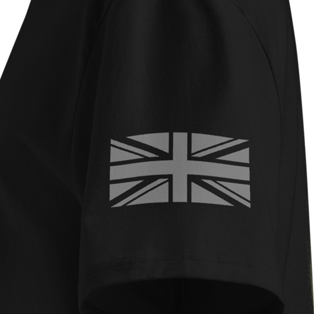 Black T-shirt with a Union Jack design on the sleeve against a white background