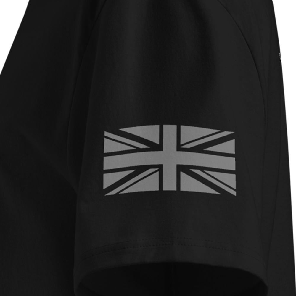 Black T-shirt sleeve with a Union Jack design on the sleeve against a white background